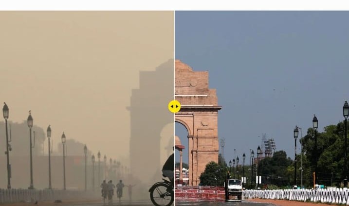 Before and after air pollution in India showing hazy vs clear skies, highlighting the need for air purifiers like Coway Airmega 150