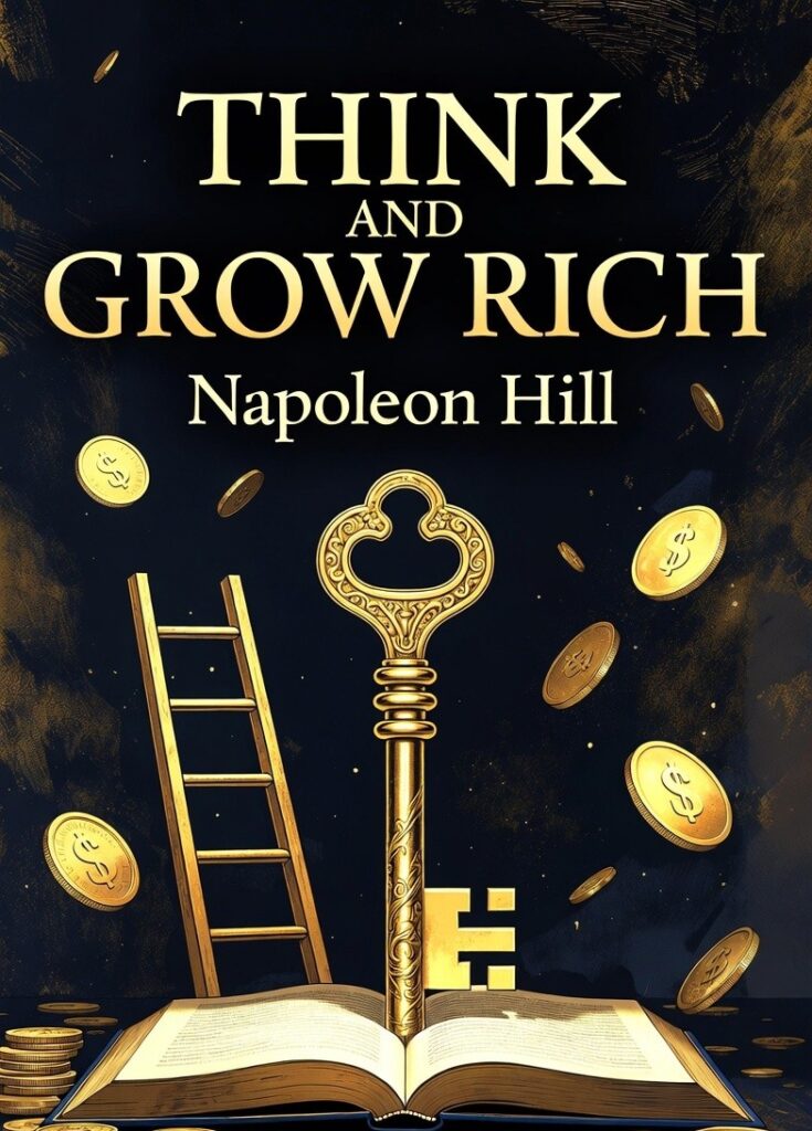 Elegant and motivational book cover of Think and Grow Rich by Napoleon Hill with golden key and success symbols — featured image for this comprehensive book review.