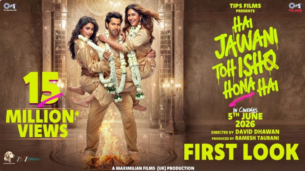 Cinematic still from Hai Jawani Toh Ishq Hona Hai showing Varun Dhawan as Jass in a thoughtful moment during the family court scene, with Mrunal Thakur as Bani looking determined, highlighting the central conflict of marriage and family planning.