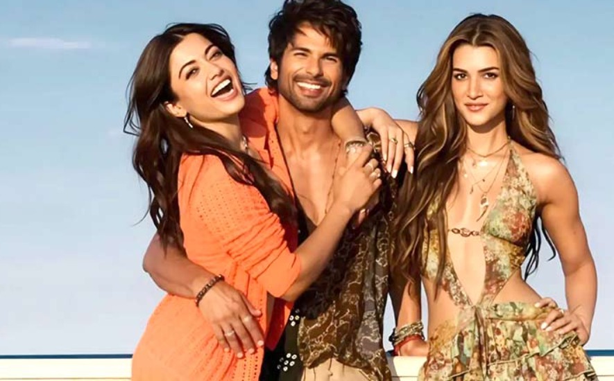 Shahid Kapoor, Kriti Sanon, and Rashmika Mandanna posing together in a bright, sunny outdoor setting for Cocktail 2 promotional still, capturing the film’s glamorous and fun romantic drama vibe.