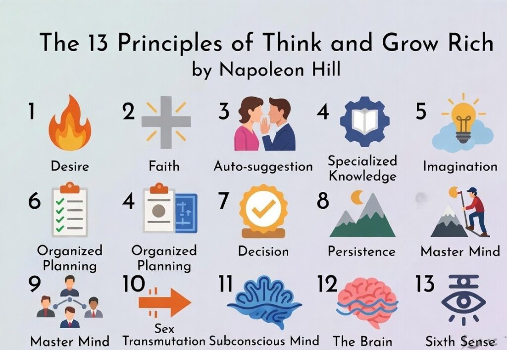 Clear infographic showing all 13 principles of Think and Grow Rich by Napoleon Hill with easy-to-understand icons