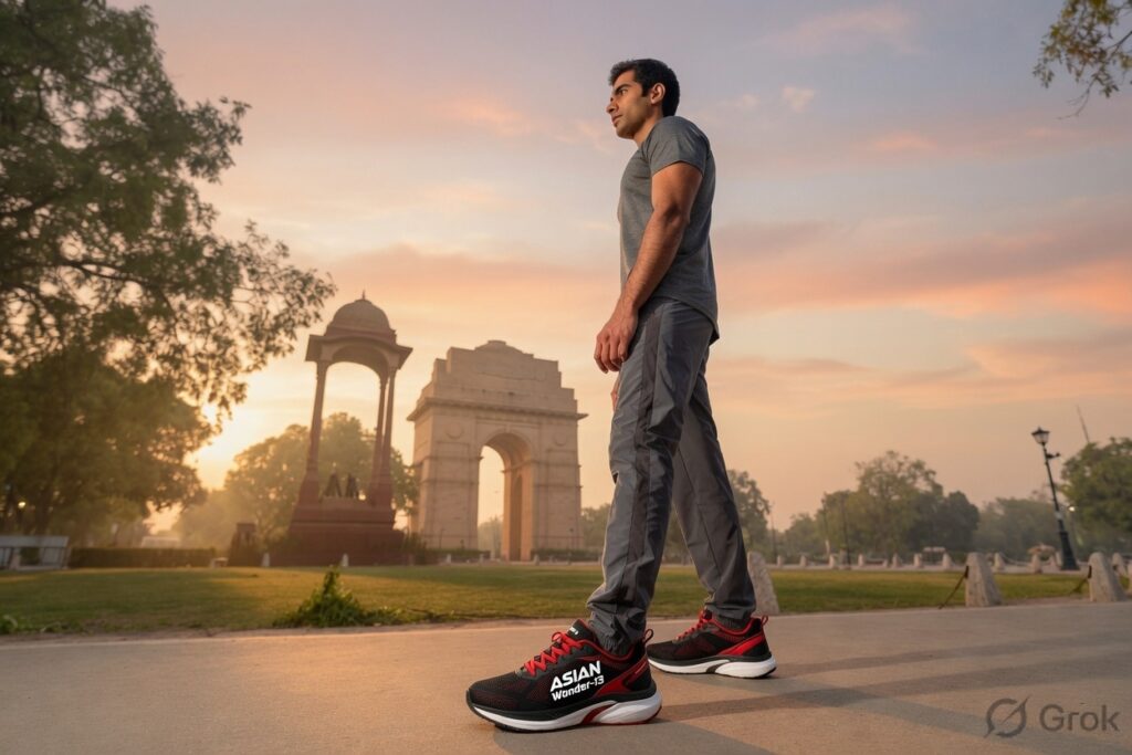 Indian runner wearing authentic ASIAN Wonder-13 Men’s Running Shoes near India Gate, Delhi NCR at sunrise – perfect for urban fitness in the capital