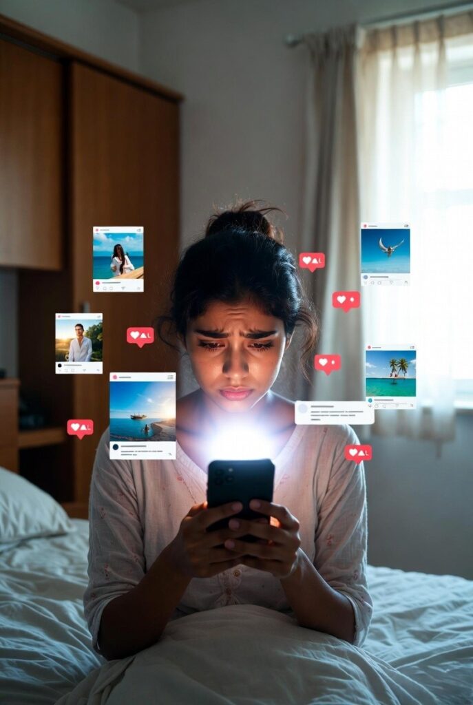 Young Indian woman scrolling social media while surrounded by idealized images and notifications, illustrating the emotional toll of constant online comparison.