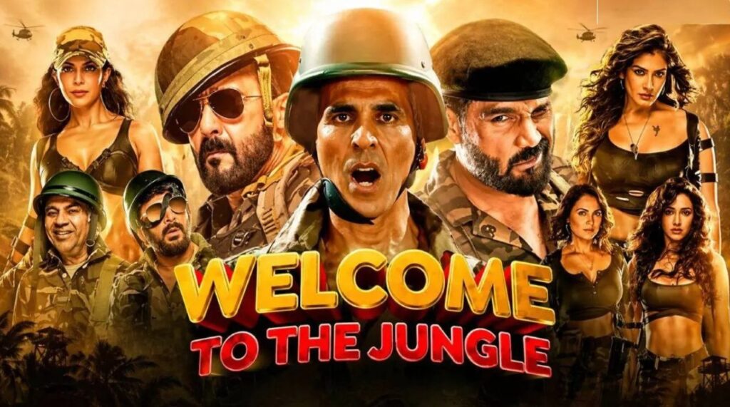 Welcome to the Jungle 2026 official movie poster featuring Akshay Kumar, Suniel Shetty, Disha Patani, Jacqueline Fernandez and the full star cast in action-comedy military jungle theme
