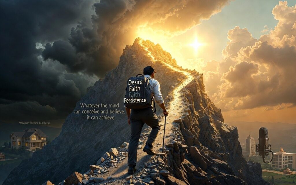 Powerful image of determination — Indian entrepreneur climbing a mountain of success with desire, faith and persistence, symbolizing the core message of Think and Grow Rich.