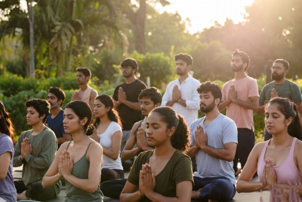 Young Indians practicing yoga together at sunrise in a peaceful garden, representing accessible, traditional practices for mental well-being.