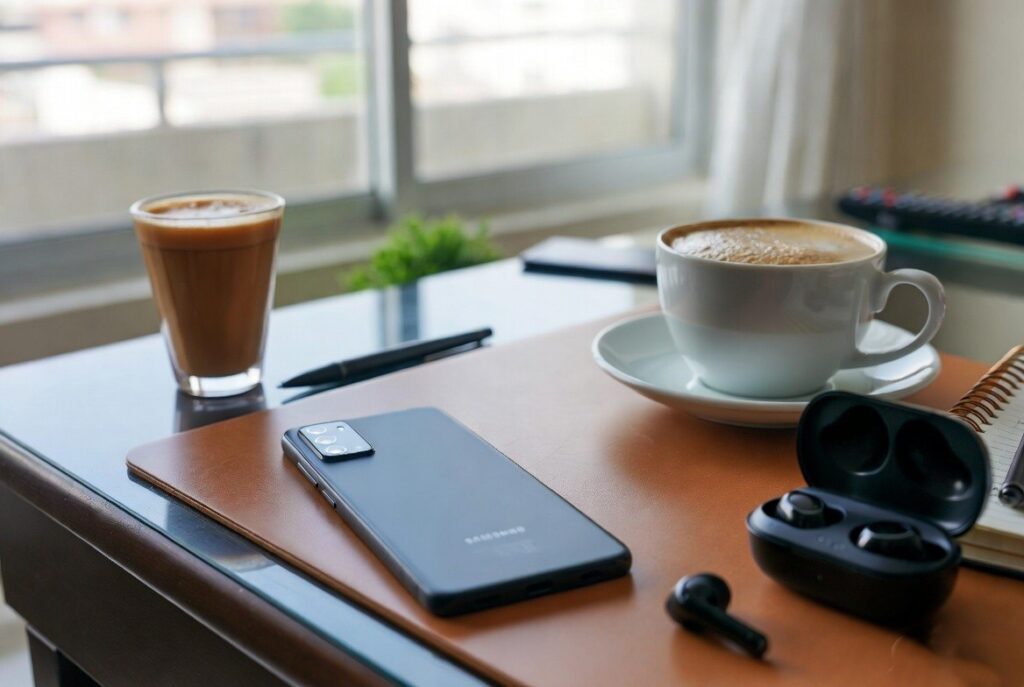 Samsung Galaxy M17 5G placed on a wooden desk in a modern Delhi NCR home setting alongside a cup of chai, notebook, and wireless earbuds, highlighting everyday practicality for professionals and students under natural window light.