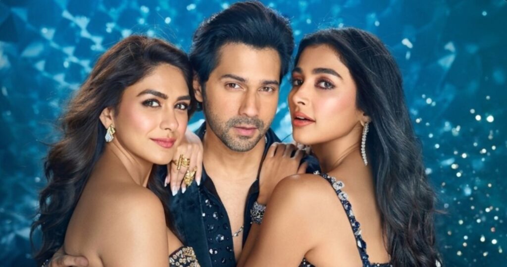Group promotional still of the lead cast of Hai Jawani Toh Ishq Hona Hai — Varun Dhawan, Mrunal Thakur, and Pooja Hegde