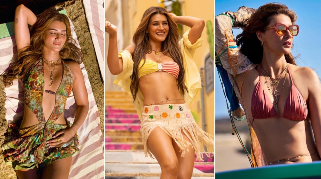 Kriti Sanon in a striking tie-dye bikini moment from Cocktail 2, showcasing the film’s bold, summery, and confident visual style.