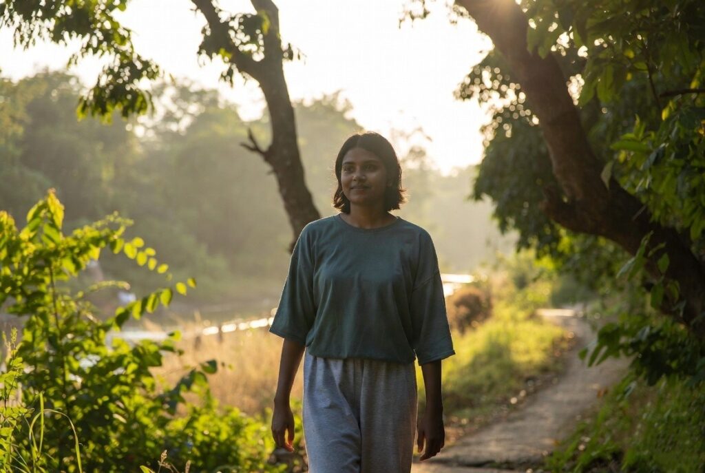 Young Indian adult walking mindfully in nature at golden hour, representing healing, hope, and the journey toward better mental health.