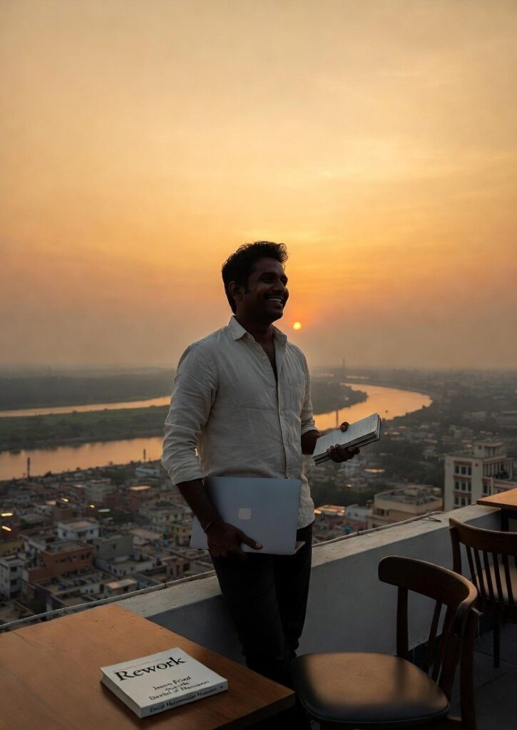 Hopeful empowering illustration of a successful Indian solopreneur standing confidently outdoors at sunset with laptop and notebook