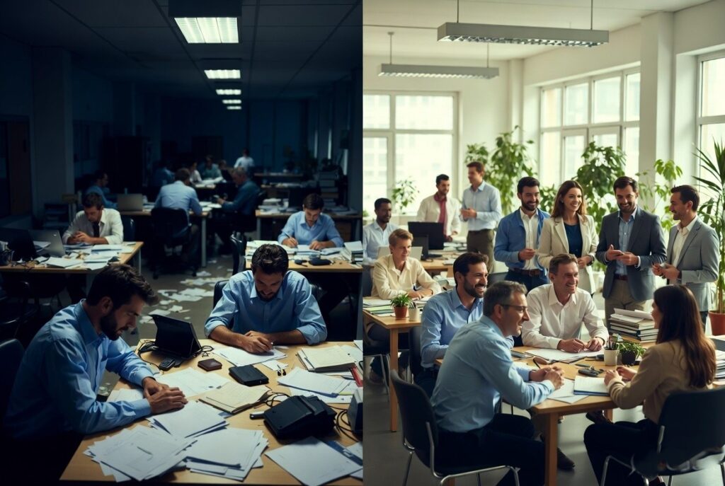 Contrast between unsafe and safe work environments under different leadership.