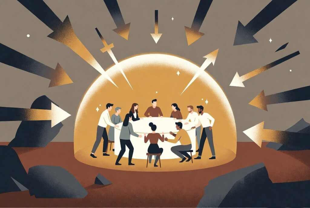 Circle of Safety concept art showing protected team versus external challenges.