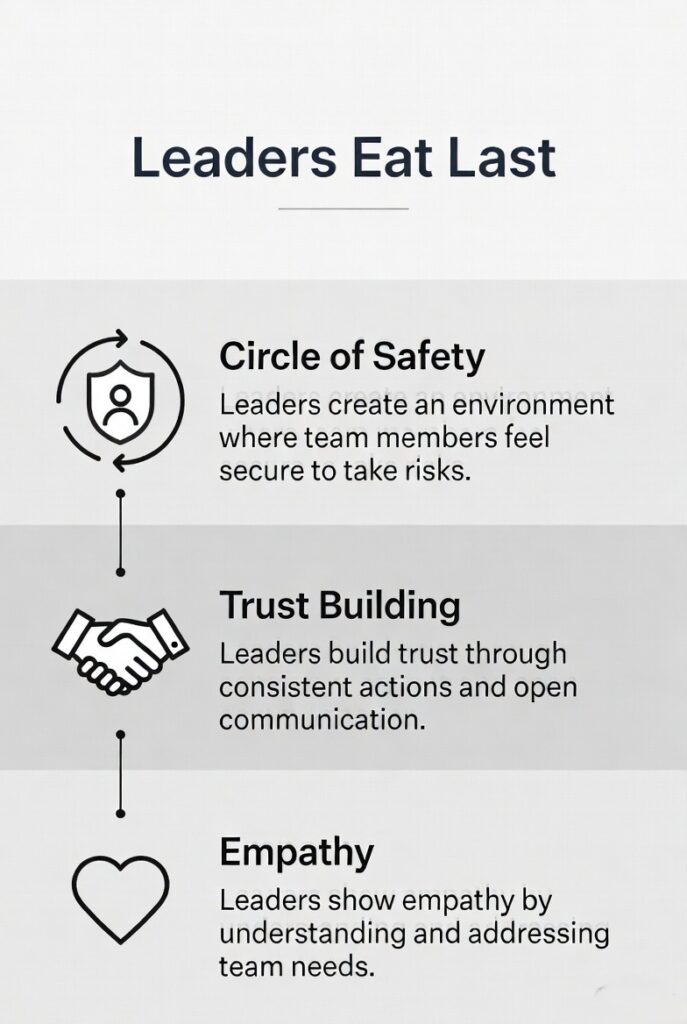 Practical leadership takeaways infographic from Simon Sinek's book.