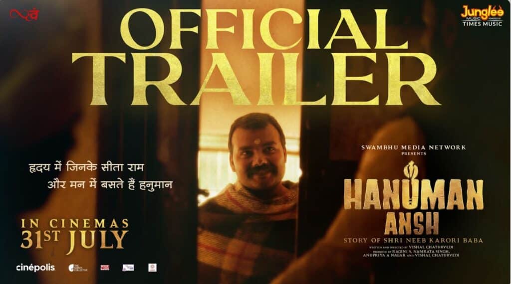 Official Hanuman Ansh movie poster 2026 showing Shobhinaw Satyaa as Neem Karoli Baba with Times Music and Cinepolis credits