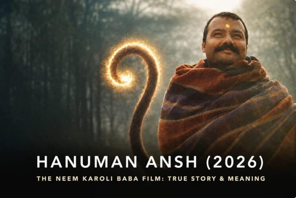 Hanuman Ansh movie 2026 poster linking Neem Karoli Baba’s image with Hanuman symbolism through a glowing tail motif