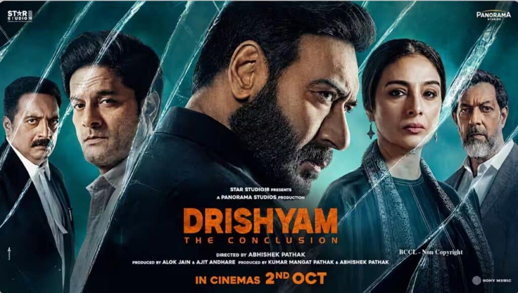 Official Drishyam 3 The Conclusion poster with Ajay Devgn in the centre, Tabu to his right, and co-stars behind cracked glass