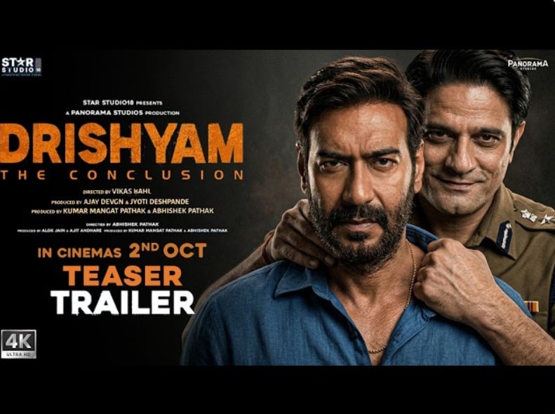 Drishyam 3 The Conclusion teaser poster with Jaideep Ahlawat as a Crime Branch officer holding Ajay Devgn by the shoulder, release date 2 October.